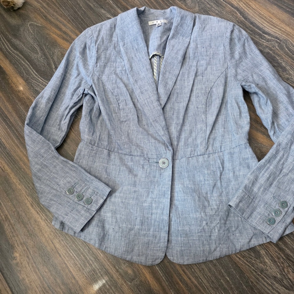 Cabi 215 Blue Linen Cotton Blend Shawl Collar Single Button Blazer Jacket Size 8